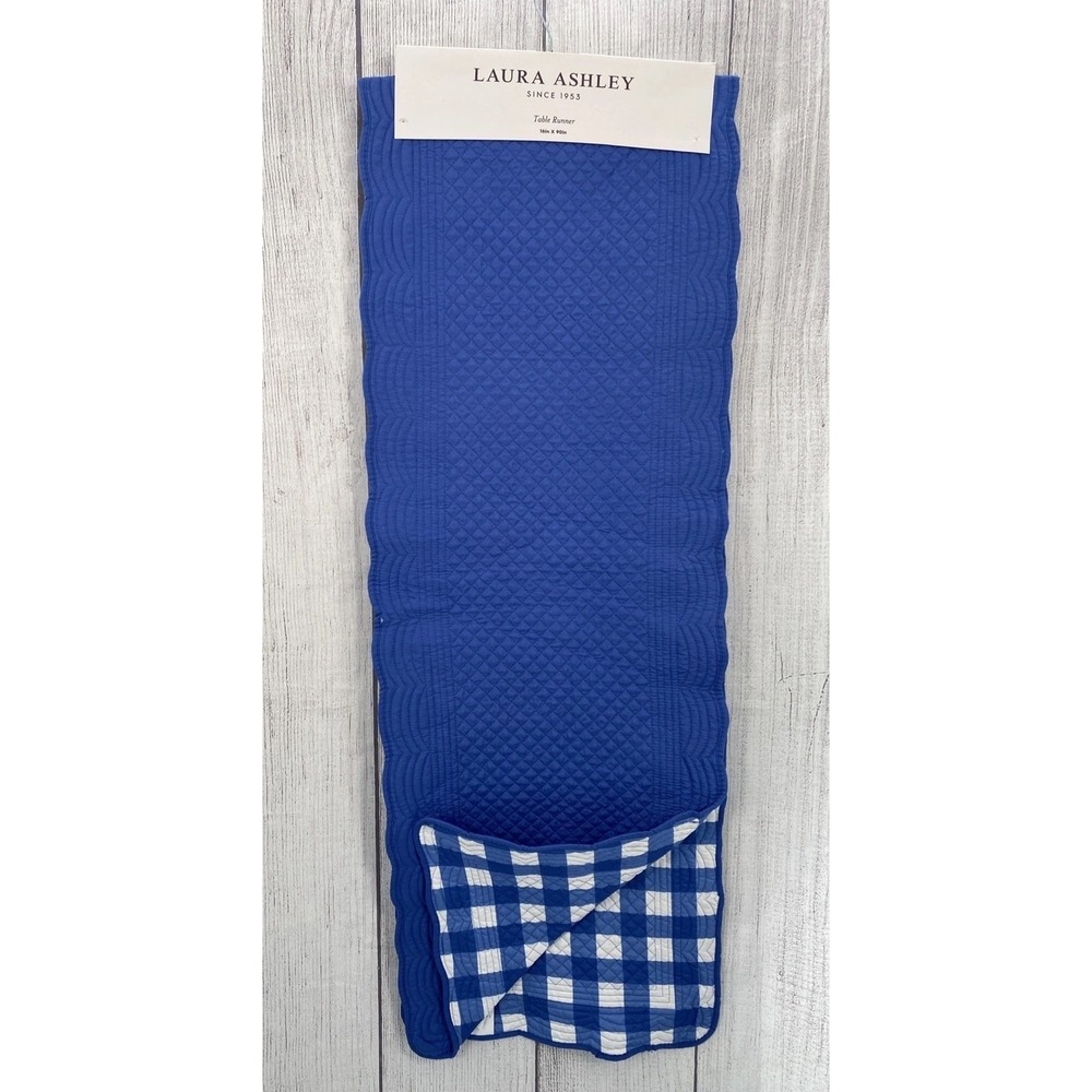 Laura Ashley Table Runner Blue White Gingham Check Plaid Quilted Spring Easter